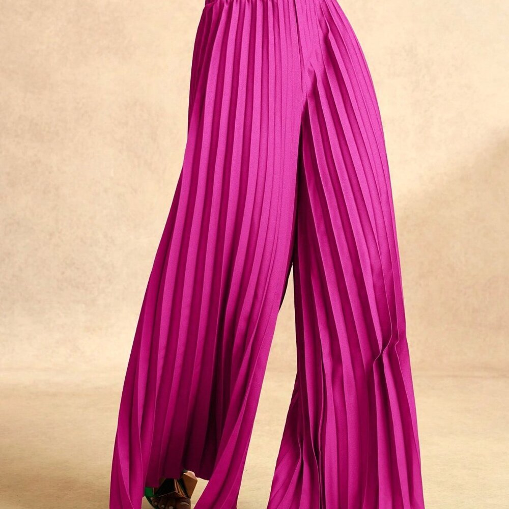 Hot Pink Casual Women's Pleated Elastic Waist Wide-Leg Pants - Picture 6 of 8